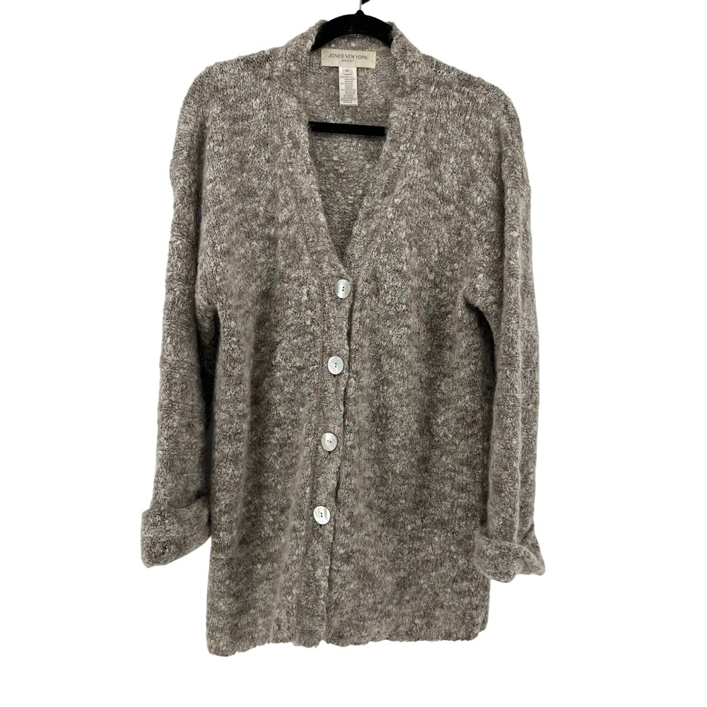 Jones New York Sport Mohair Cardigan Sweater M Brown Button Front Long Sleeve